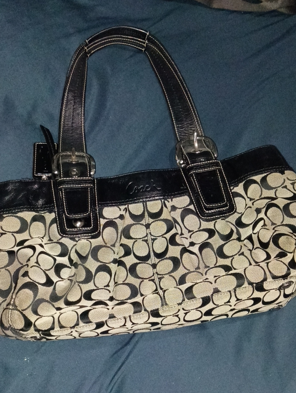 Coach Soho Signature Buckle Tote Shoulder Bag Black & Beige